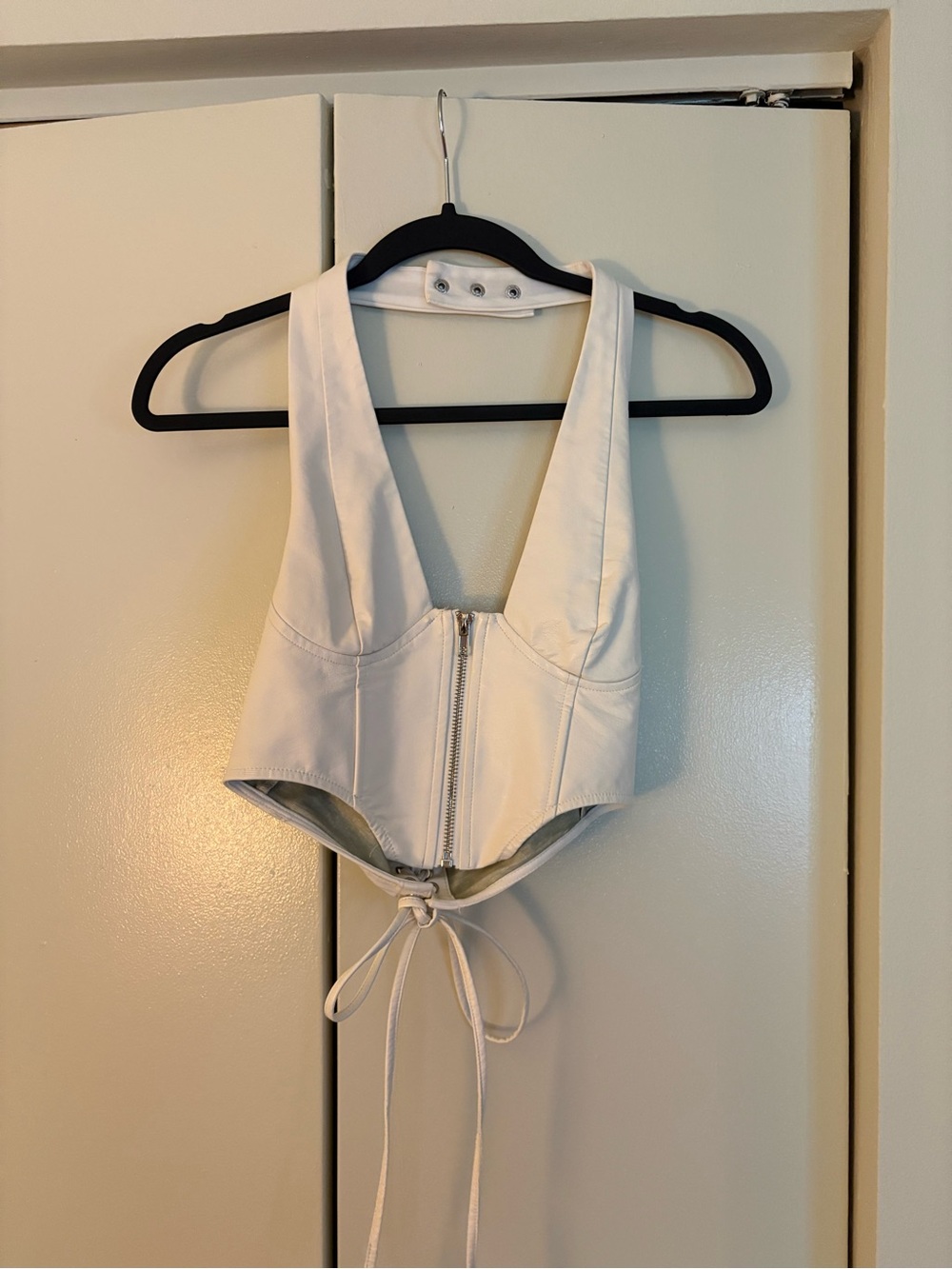 Edikted White Leather Zip-Front Corset Top with Tie-Back